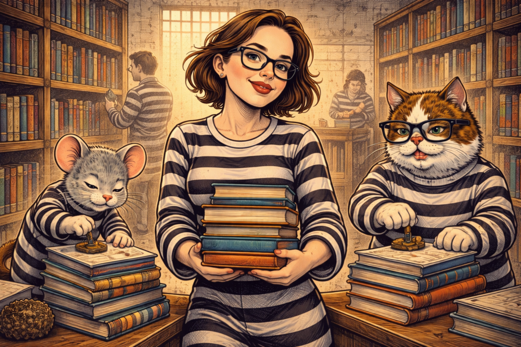 French Mischief Club illustration with a girl, a cat and a mouse in a library