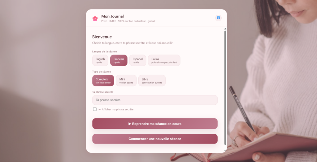 Maya Journaling app screen, private encrypted journaling