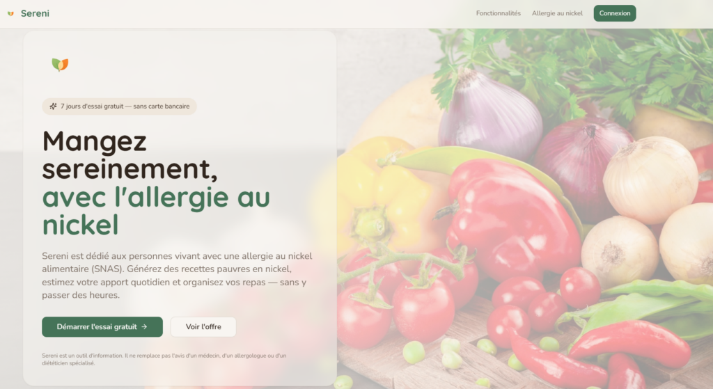 Sereni.app screen, low-nickel recipes and shopping list