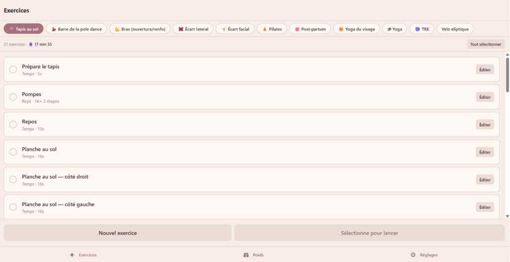 Nawell.app screen showing a workout exercise being built, with categories and repetition settings