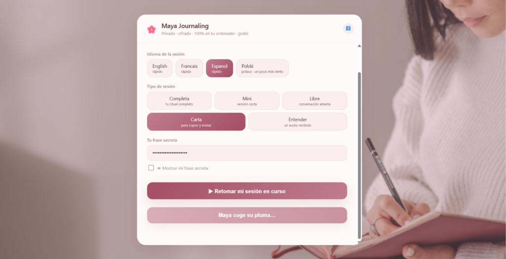 Maya Journaling start screen in Spanish, with the Letter session type selected