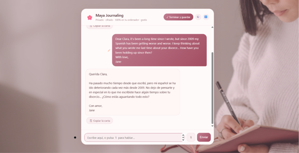 Maya Journaling Letter mode — a message dictated in English turned into a Spanish letter, ready to copy and send