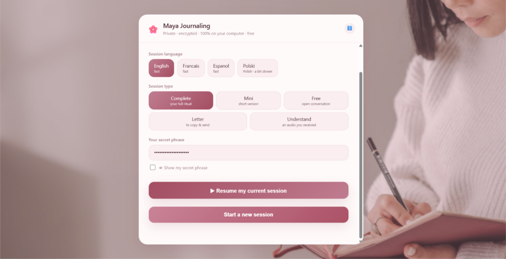 Maya Journaling start screen — choosing the session language, the session type and entering your secret passphrase