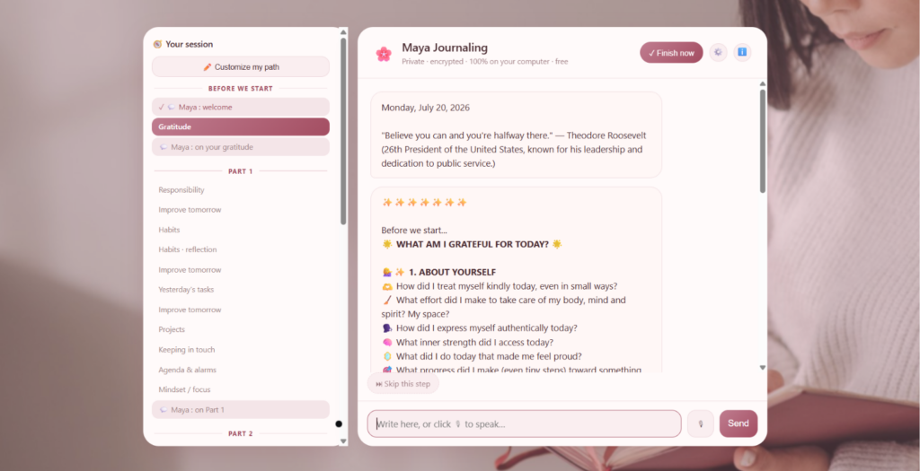 Maya Journaling session in progress — the gratitude step, with the full session path listed on the left
